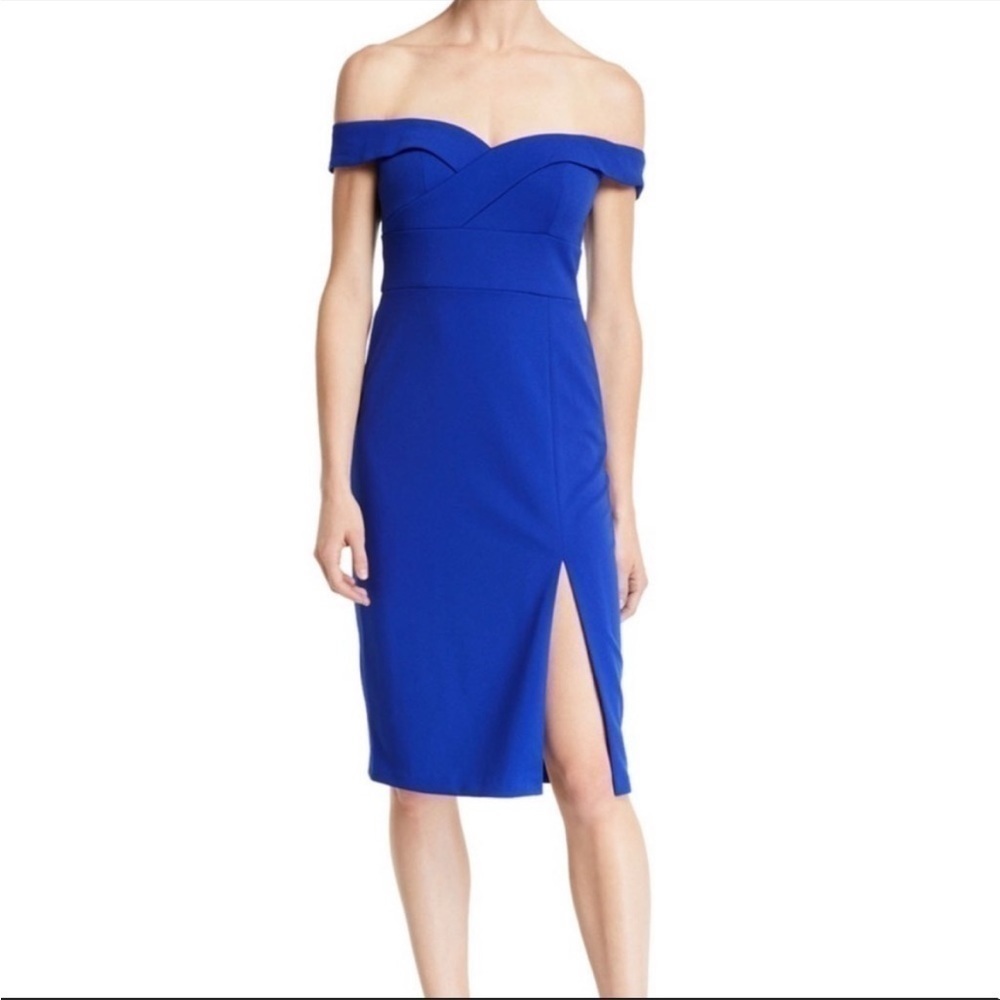 Aidan Mattox off the shoulder royal sapphire midi cocktail dress, size 0